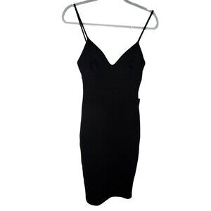 LuLus Black Midi Bodycon Dress Medium Sexy Stretch Classic‎ LBD Basic Eighties